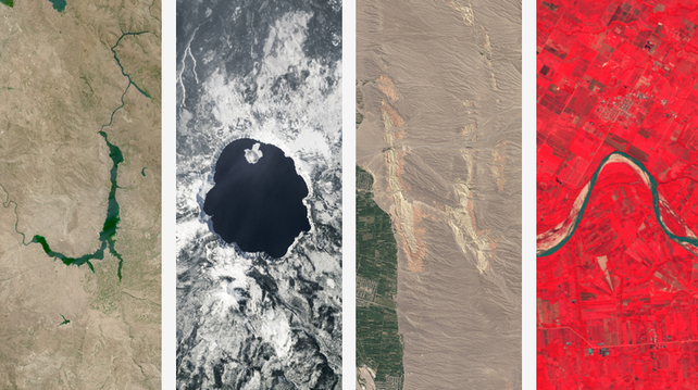Das Bild zeigt vier Satellitenaufnahmen verschiedener geografischer Gebiete.
 
Aufnahme 1 ist ein Stausee in einer trockenen Landschaft zu sehen.

Aufnahme 2 zeigt ein Bild einen Kratersee mit Schnee und Eis in der Umgebung. 

Aufnahme 3 ist eine Wüstenlandschaft abgebildet mit Gesteinsformationen und eventuell landwirtschaftlich genutzten Flächen. 

Aufnahme 4 präsentiert eine scheinbar infrarot-ähnliche Aufnahme ein Flusssystem, welches durch eine Landschaft mit roter Farbigkeit fliesst - wah…